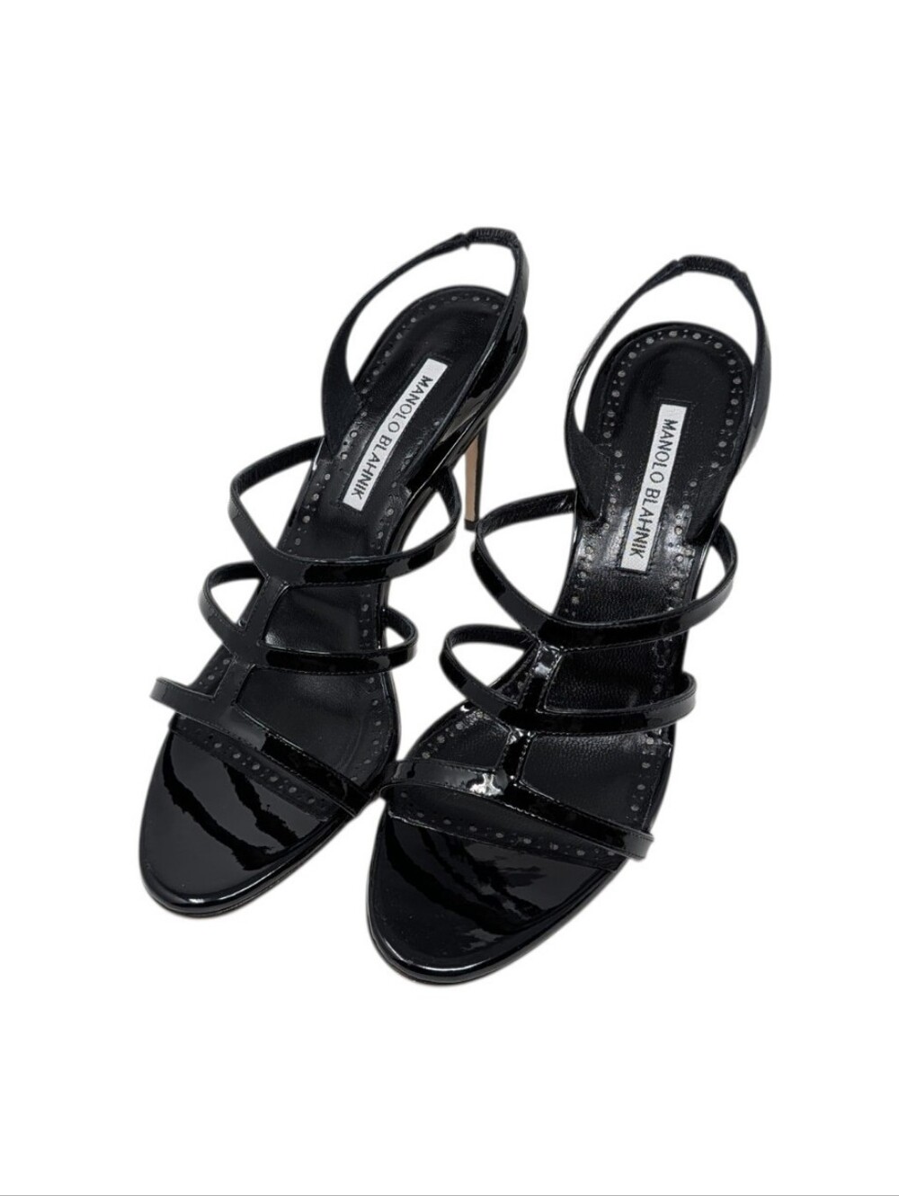 NIB Manolo Blahnik Black Patent Leather Tysahi Dress Up Evening Sandals EU 38.5